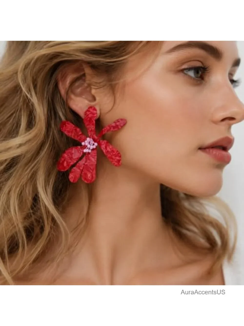 Oversized Red Floral Drop Earrings for Women, Bold Statement Earrings